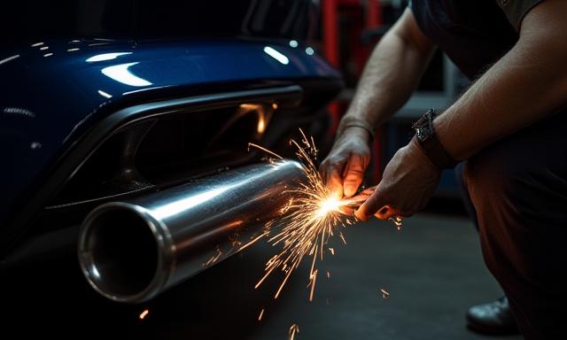 Ford Mustang na may custom exhaust manifold installation, ipinapakita ang performance exhaust upgrade.