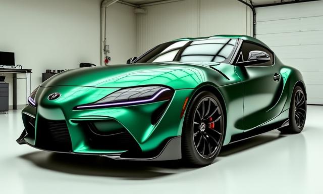 Toyota Supra na may custom metallic green paint finish at bagong rims, ipinapakita ang aesthetic modification.